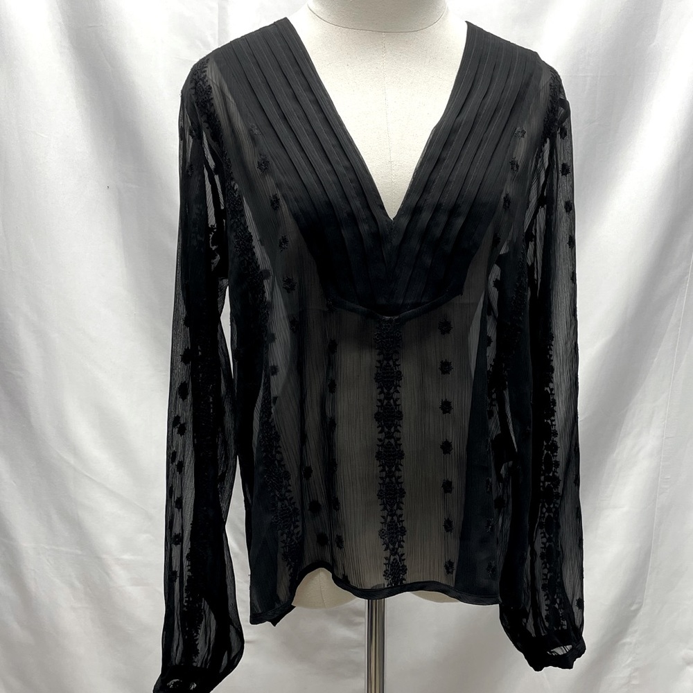 Obey No 89 Pleated Deep V-Neckline Long Sleeve Sheer Embroidered Black Top Sz S
